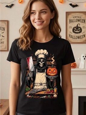 Spooky Skeleton Chef Halloween T-Shirt | Horror Butcher Graphic Tee